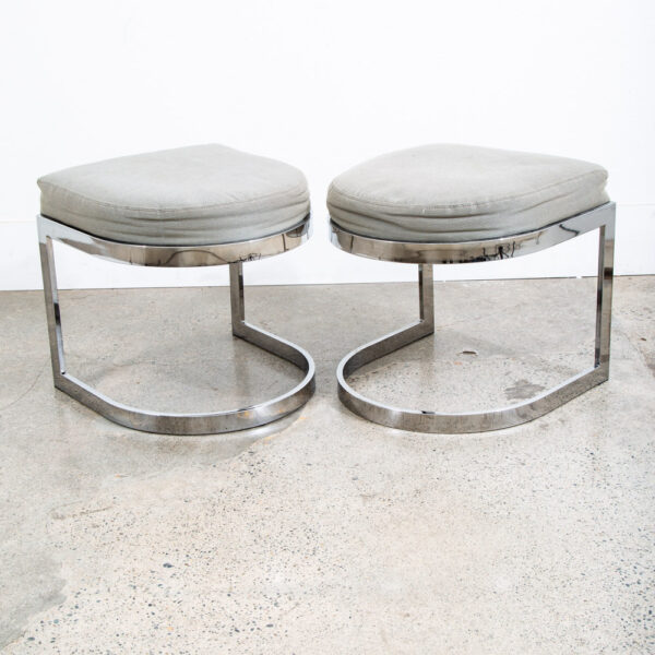 Mid Century Modern Stool Set Ottoman Stool Milo Baughman Chrome Pair Two Fabric - Image 3