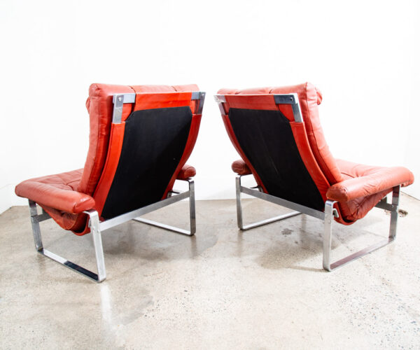 Mid Century Danish Modern Lounge Chairs Red Tufted Metal Frames Pair Set Denmark - Image 3