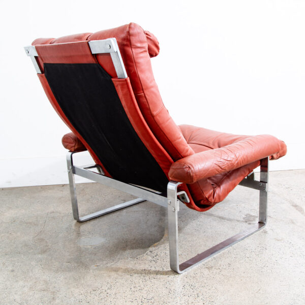 Mid Century Danish Modern Lounge Chairs Red Tufted Metal Frames Pair Set Denmark - Image 5