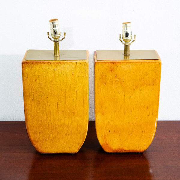 Mid Century Modern Table Lamp Pair Ceramic Yellow Orange Brass Set 2 Studio Mcm - Image 2
