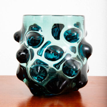 Mid Century Modern Art Glass Vase Blue Bubble Round Handblown Glass Mcm