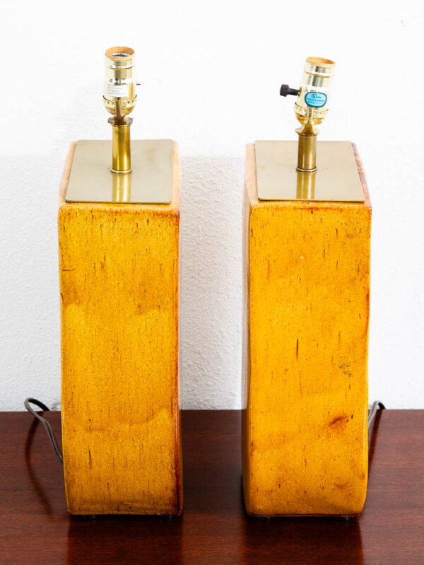 Mid Century Modern Table Lamp Pair Ceramic Yellow Orange Brass Set 2 Studio Mcm - Image 3