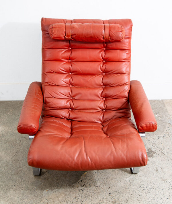 Mid Century Danish Modern Lounge Chairs Red Tufted Metal Frames Pair Set Denmark - Image 6