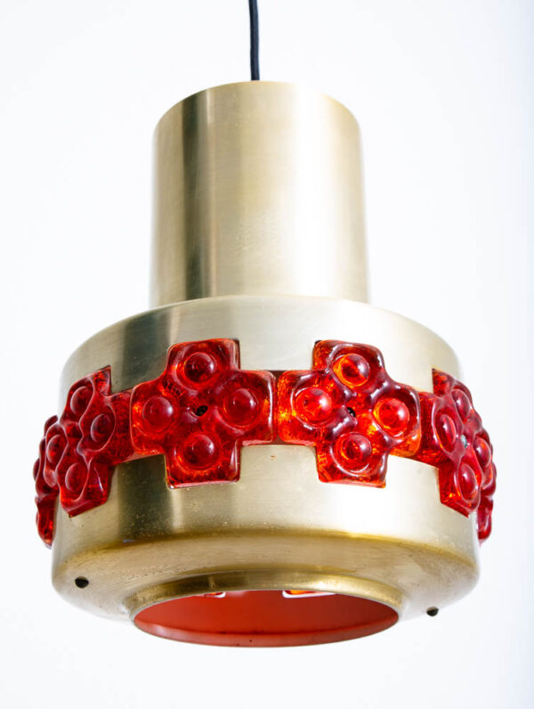 Mid Century Danish Modern Pendant Lamp Claus Bolby Brass Red Flowers Hanging - Image 3