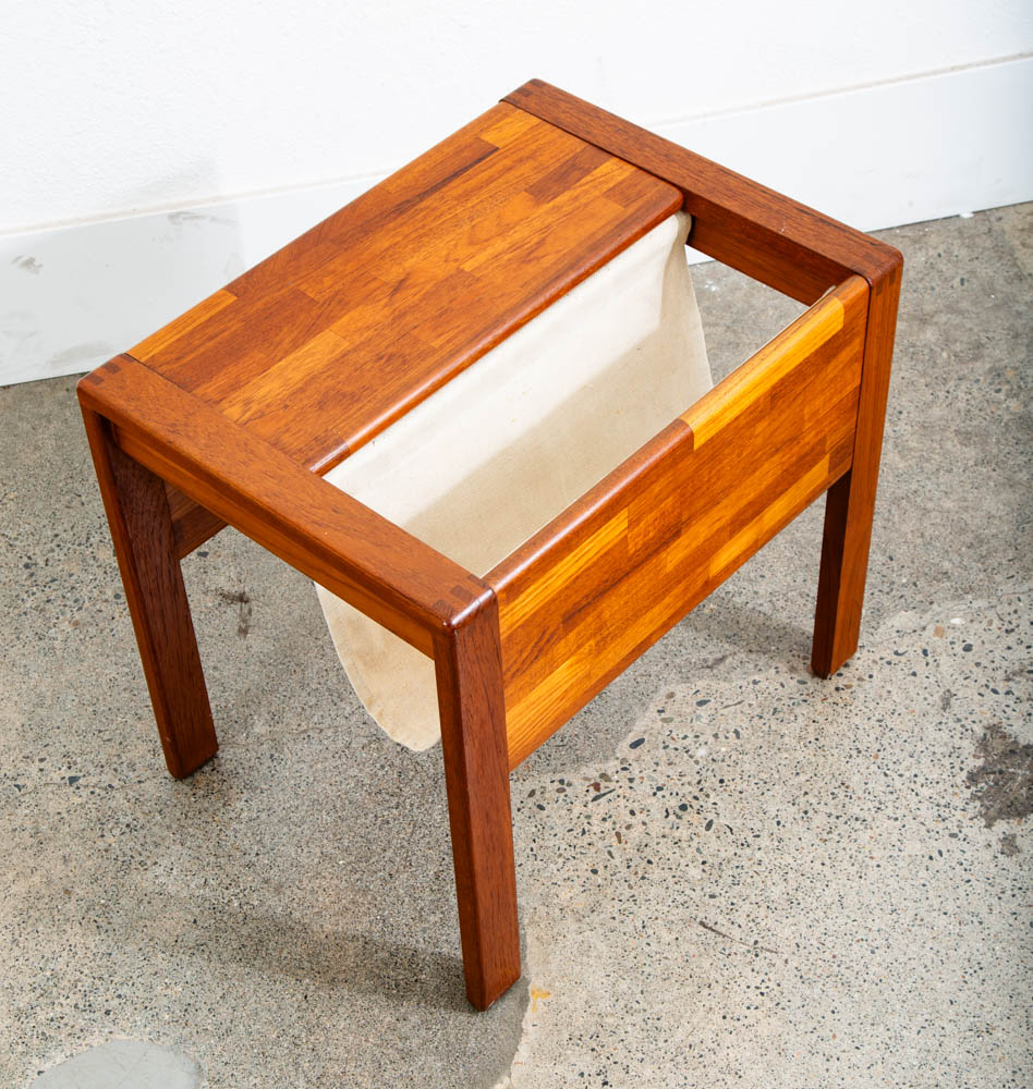 Mid Century Modern Magazine Rack Side Table Vintage Danish Canvas Sling Teak Mcm - Image 3