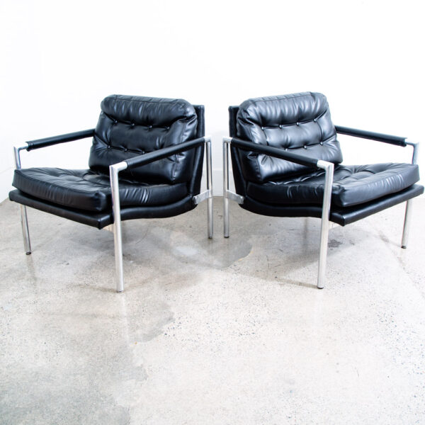 Mid Century Danish Modern Lounge Chairs Black Tufted Metal Frames Vintage Mcm