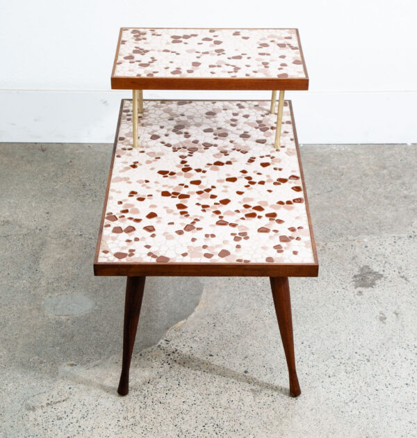 Mid Century Modern Nightstands End Side Table Step up Walnut Tile Ceramic Pebble - Image 6