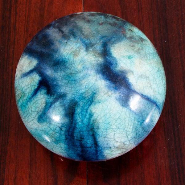 Mid Century Orb Spherical Ceramic Art Piece Navy Blue Teal Drip Glaze Studio Mcm - Image 6