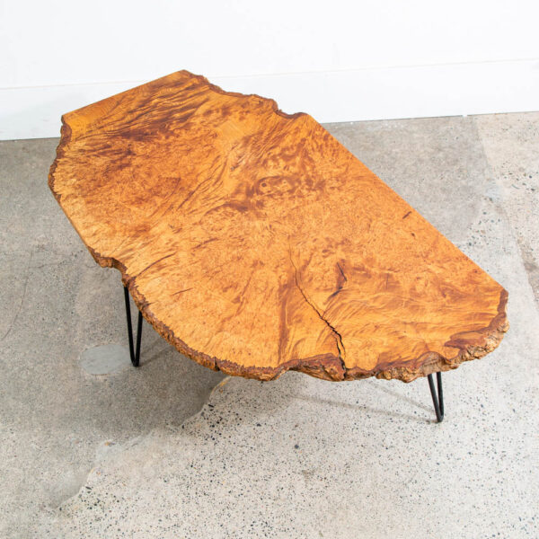 Mid Century Modern Coffee Table Live Edge Hairpin Wrought Iron Legs Burl Wood - Image 7