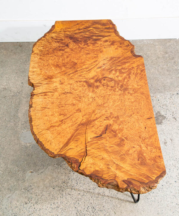 Mid Century Modern Coffee Table Live Edge Hairpin Wrought Iron Legs Burl Wood - Image 6