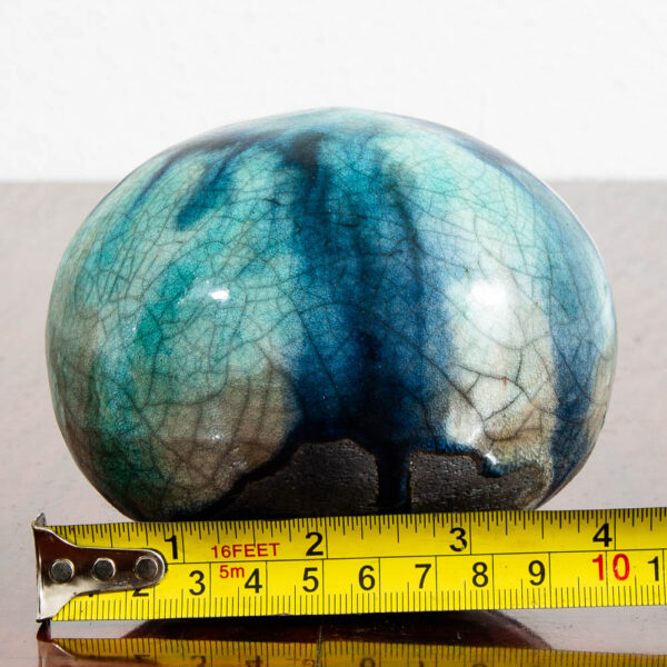 Mid Century Orb Spherical Ceramic Art Piece Navy Blue Teal Drip Glaze Studio Mcm - Image 3