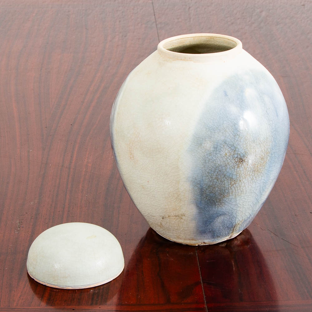 Mid Century Modern Lidded Vessel Studio Designed Rounded Vessel Blue Glazed Lid - Image 5