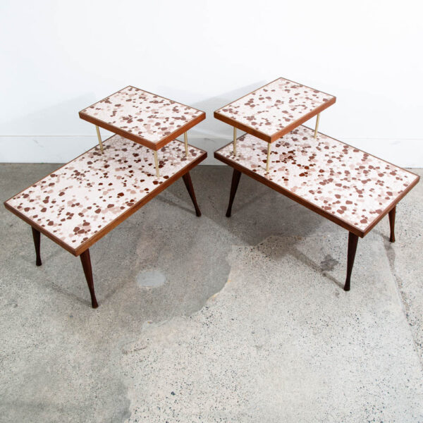 Mid Century Modern Nightstands End Side Table Step up Walnut Tile Ceramic Pebble - Image 4