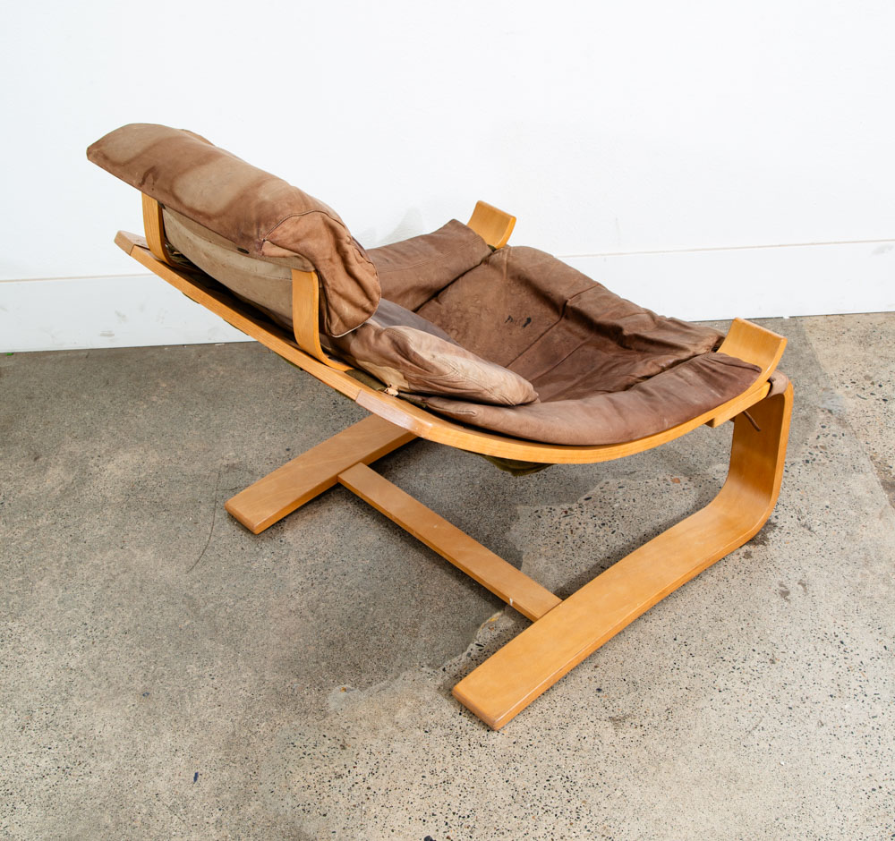 Mid Century Danish Modern Lounge Chairs Brown Leather Bentwood Set Pair Tandem - Image 9