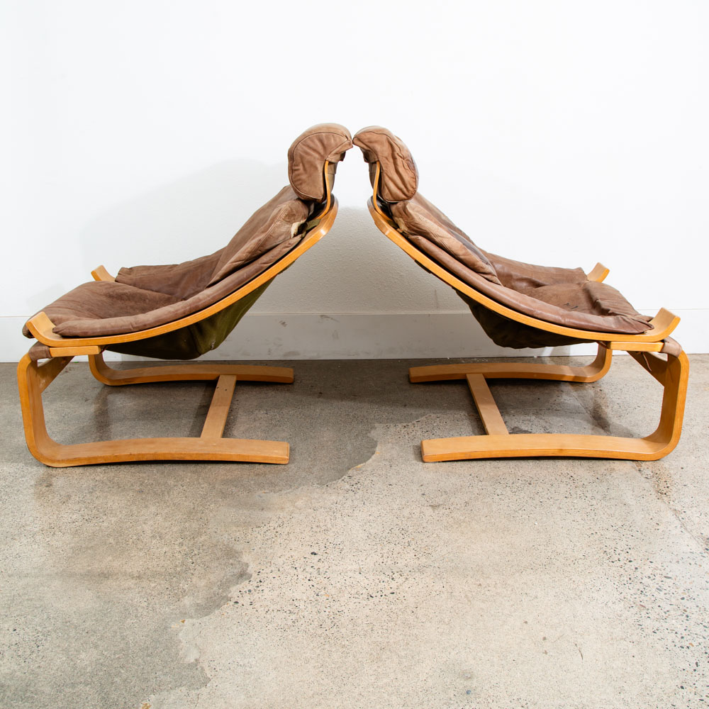 Mid Century Danish Modern Lounge Chairs Brown Leather Bentwood Set Pair Tandem - Image 2