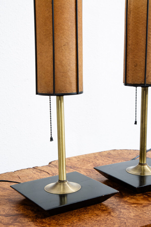 Mid Century Modern Lamp Set Table Light lighting Black Brass Pair Set Round Gold - Image 9