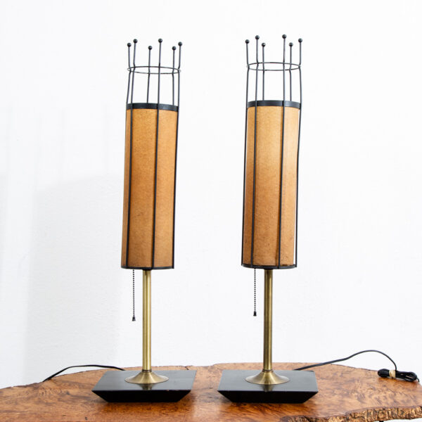 Mid Century Modern Lamp Set Table Light lighting Black Brass Pair Set Round Gold - Image 2