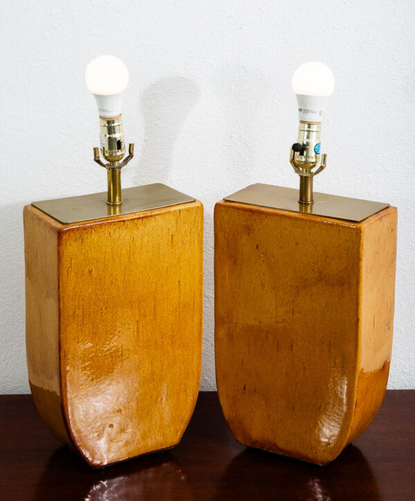 Mid Century Modern Table Lamp Pair Ceramic Yellow Orange Brass Set 2 Studio Mcm - Image 9