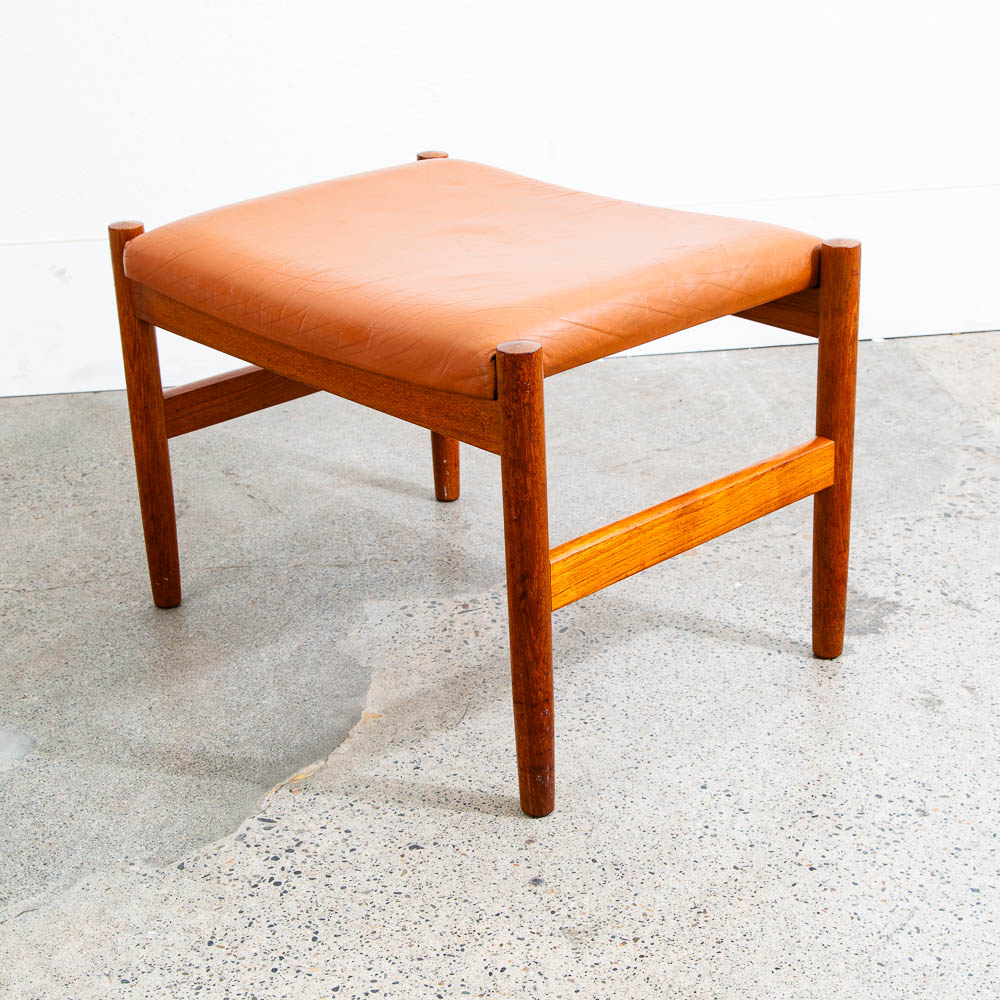 Mid Century Modern Spottrup Ottoman Stool Solid Teak Frame Orange Vinyl Vintage Mcm - Image 11