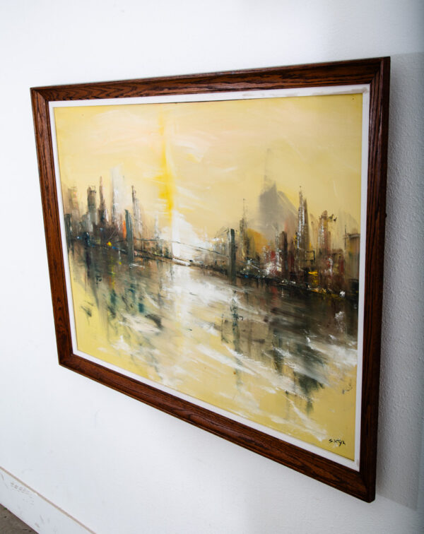 Mid Century Modern Painting Original Art Abstract Cityscape Signed Yellow Black - Image 2