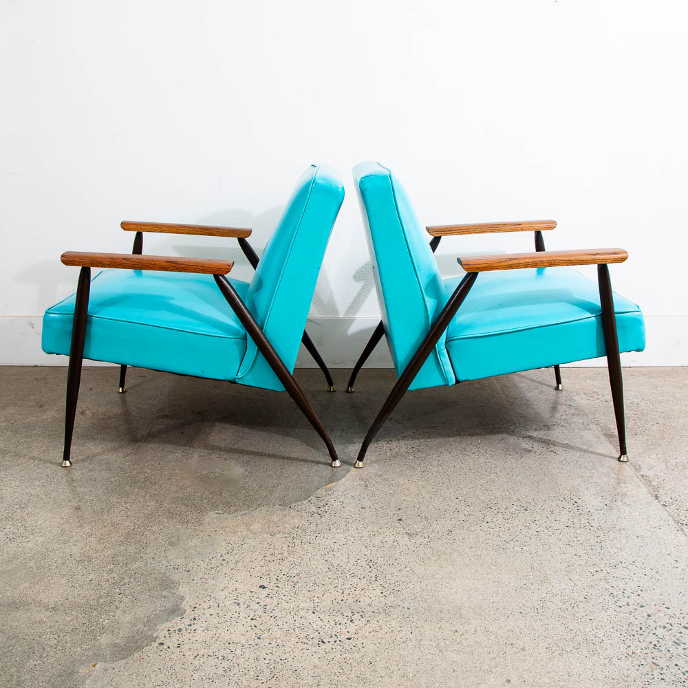 Mid Century Modern Lounge Chairs Pair Blue Aqua Oak Wood Vintage American Set NM - Image 2