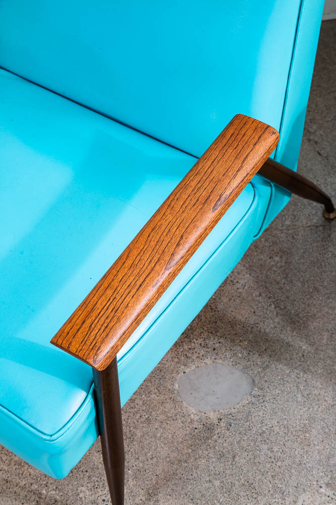 Mid Century Modern Lounge Chairs Pair Blue Aqua Oak Wood Vintage American Set NM - Image 7