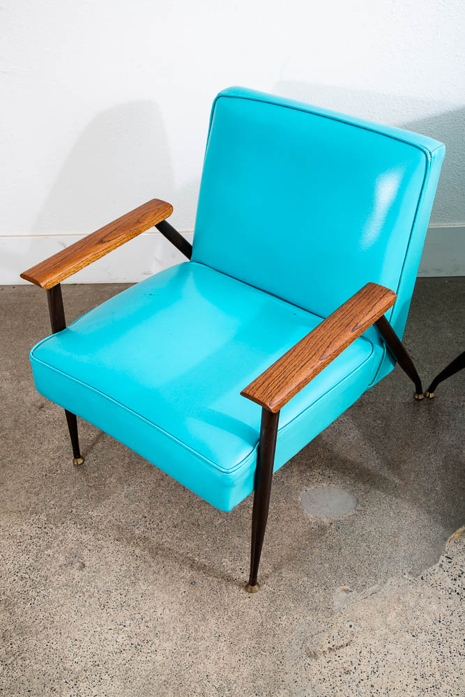 Mid Century Modern Lounge Chairs Pair Blue Aqua Oak Wood Vintage American Set NM - Image 11