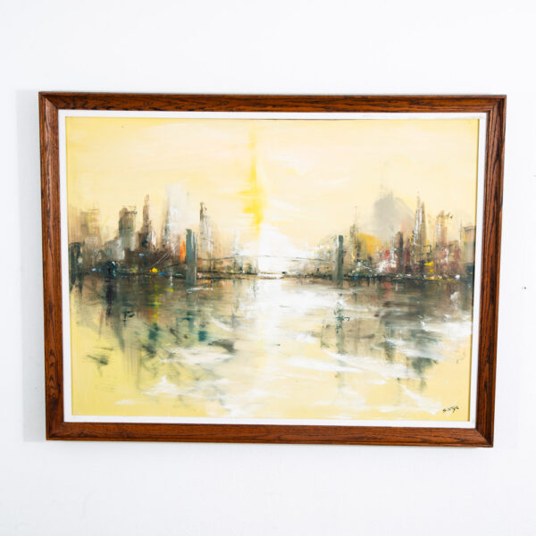 Mid Century Modern Painting Original Art Abstract Cityscape Signed Yellow Black - Image 5