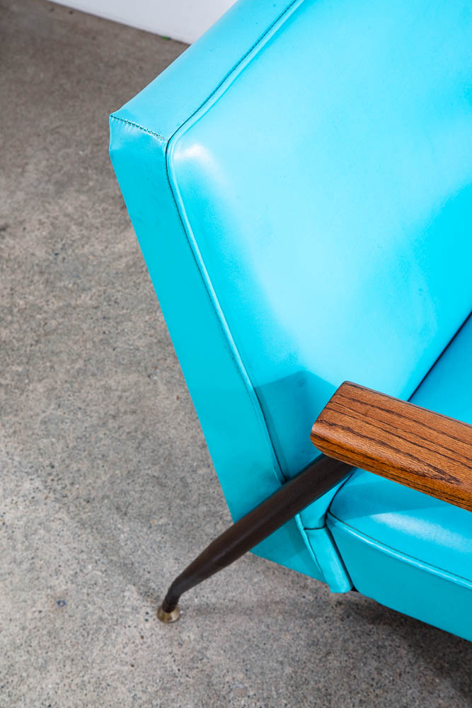 Mid Century Modern Lounge Chairs Pair Blue Aqua Oak Wood Vintage American Set NM - Image 6