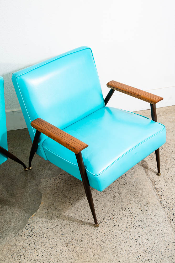 Mid Century Modern Lounge Chairs Pair Blue Aqua Oak Wood Vintage American Set NM - Image 9