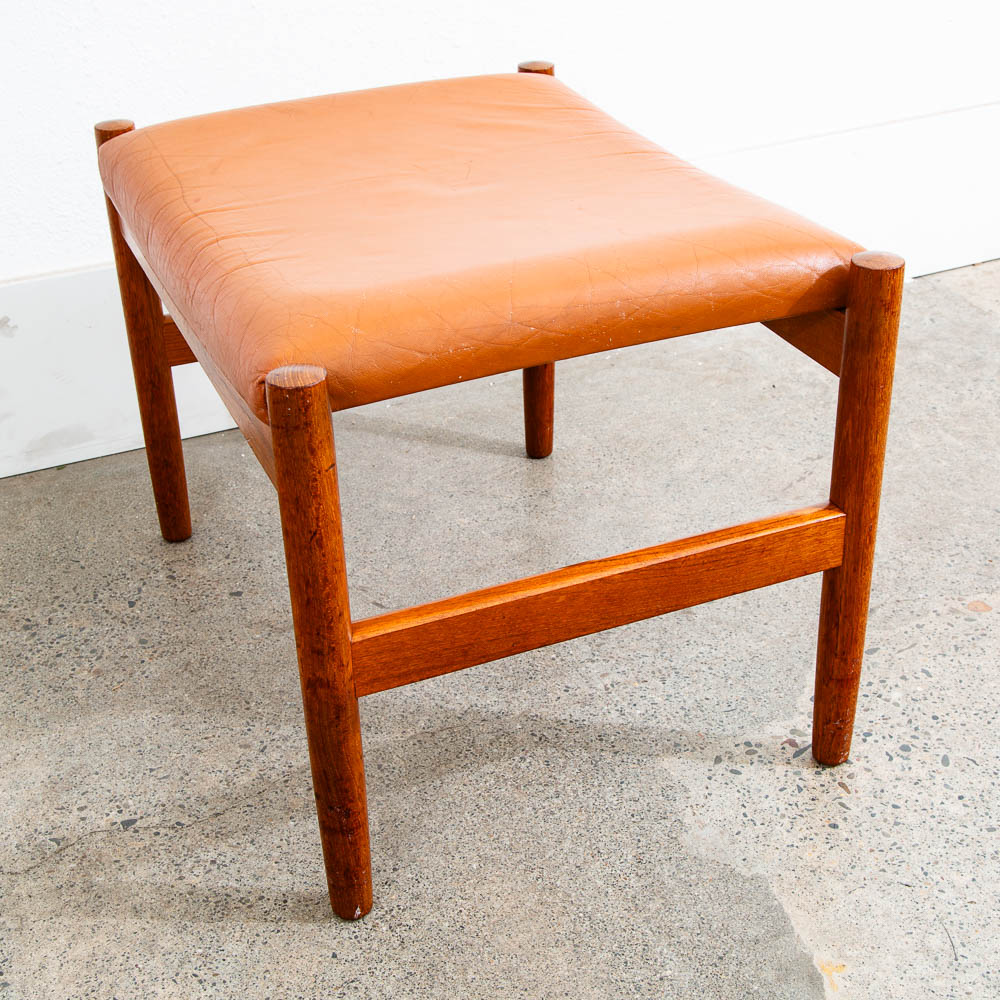 Mid Century Modern Spottrup Ottoman Stool Solid Teak Frame Orange Vinyl Vintage Mcm - Image 12