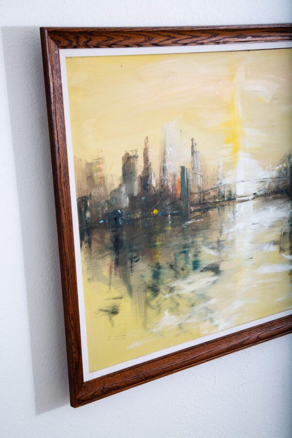 Mid Century Modern Painting Original Art Abstract Cityscape Signed Yellow Black - Image 10