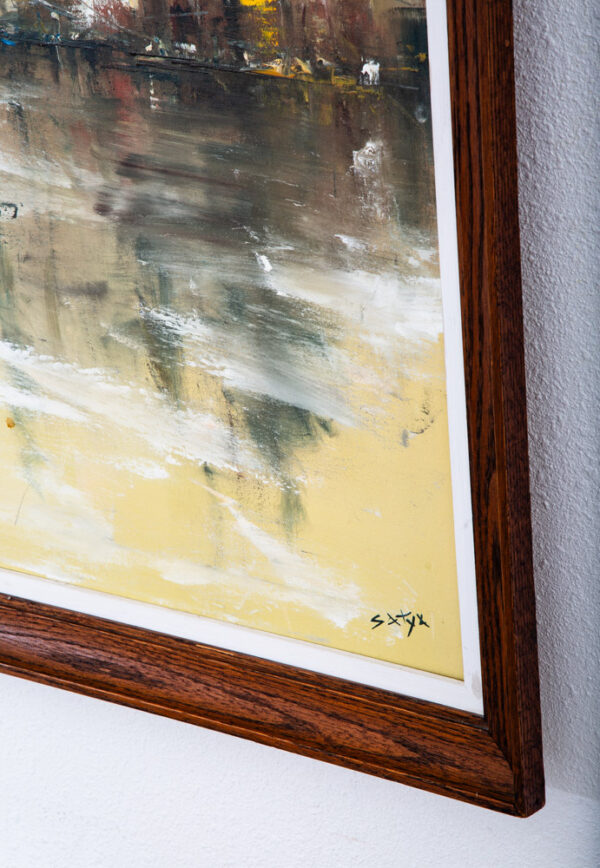 Mid Century Modern Painting Original Art Abstract Cityscape Signed Yellow Black - Image 6