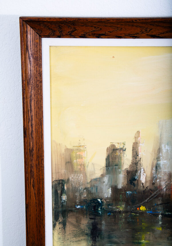Mid Century Modern Painting Original Art Abstract Cityscape Signed Yellow Black - Image 4