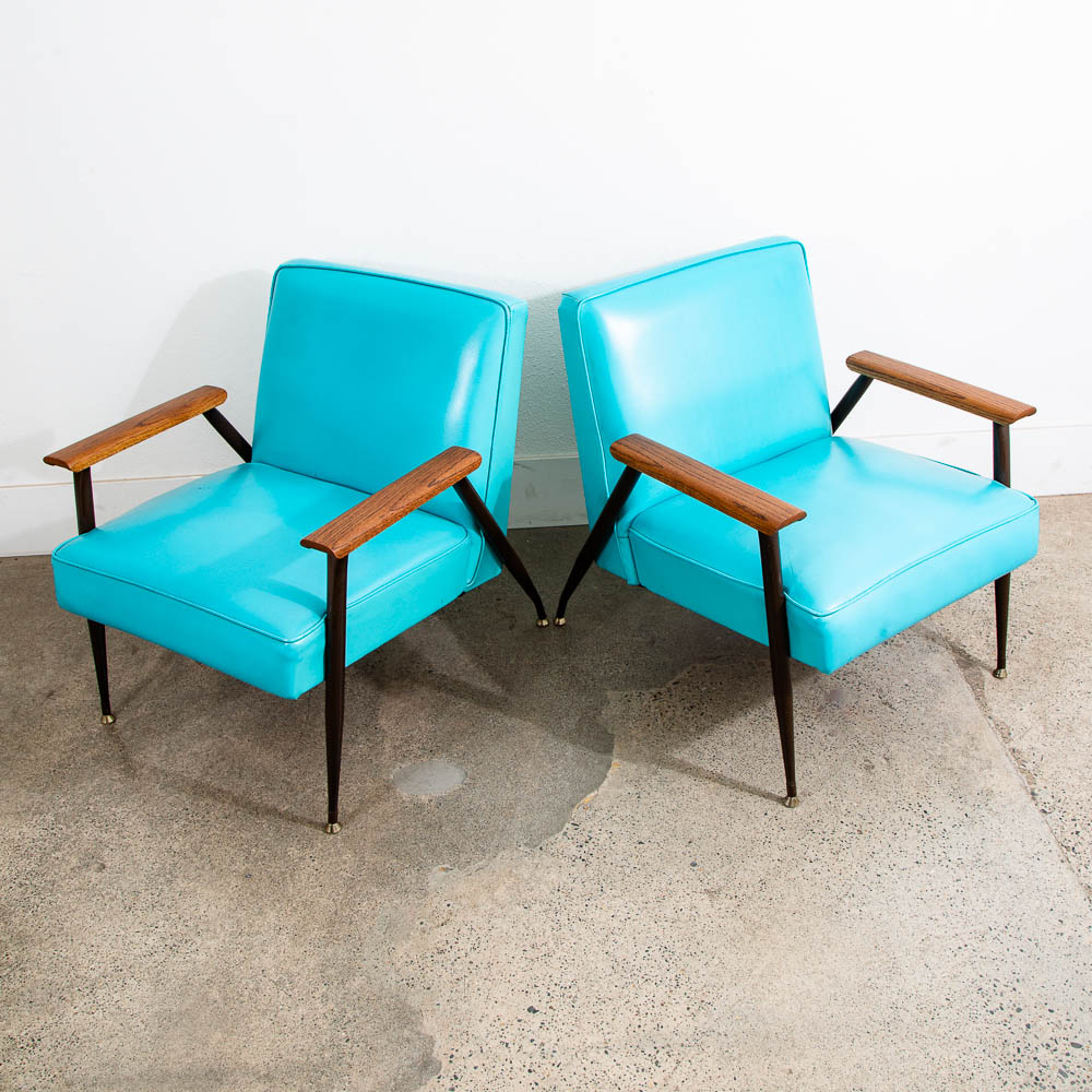 Mid Century Modern Lounge Chairs Pair Blue Aqua Oak Wood Vintage American Set NM - Image 12