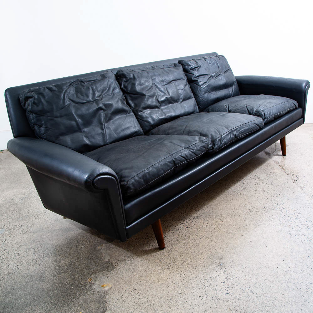 Mid Century Danish Modern Sofa Couch Black Leather Georg Thams 3 Seat Large Mcm