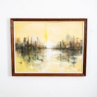 Mid Century Modern Painting Original Art Abstract Cityscape Signed Yellow Black