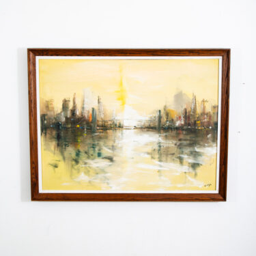 Mid Century Modern Painting Original Art Abstract Cityscape Signed Yellow Black