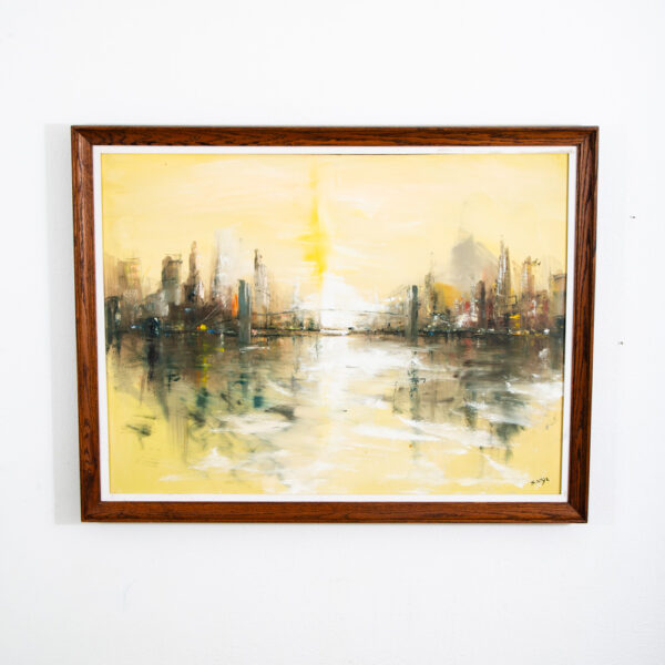 Mid Century Modern Painting Original Art Abstract Cityscape Signed Yellow Black