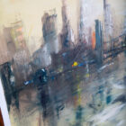 Mid Century Modern Painting Original Art Abstract Cityscape Signed Yellow Black - Image 7