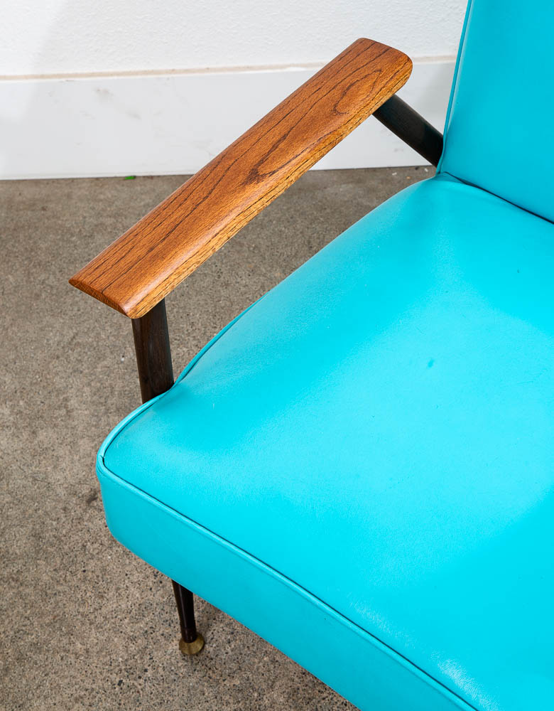 Mid Century Modern Lounge Chairs Pair Blue Aqua Oak Wood Vintage American Set NM - Image 5
