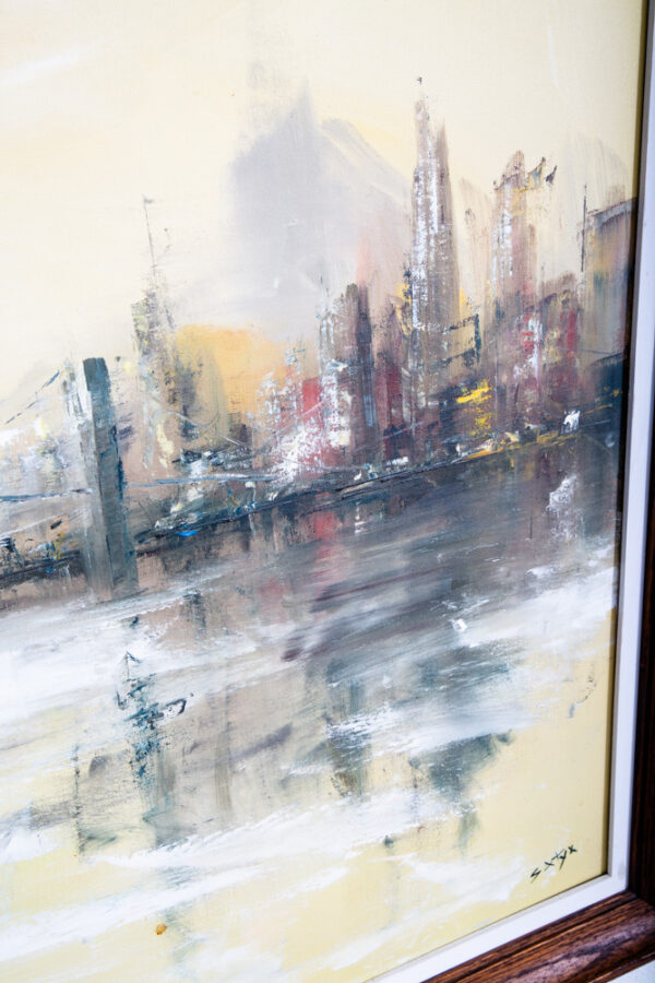 Mid Century Modern Painting Original Art Abstract Cityscape Signed Yellow Black - Image 8