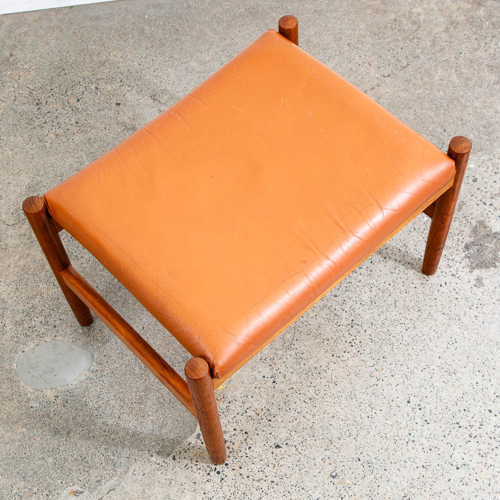 Mid Century Modern Spottrup Ottoman Stool Solid Teak Frame Orange Vinyl Vintage Mcm - Image 3