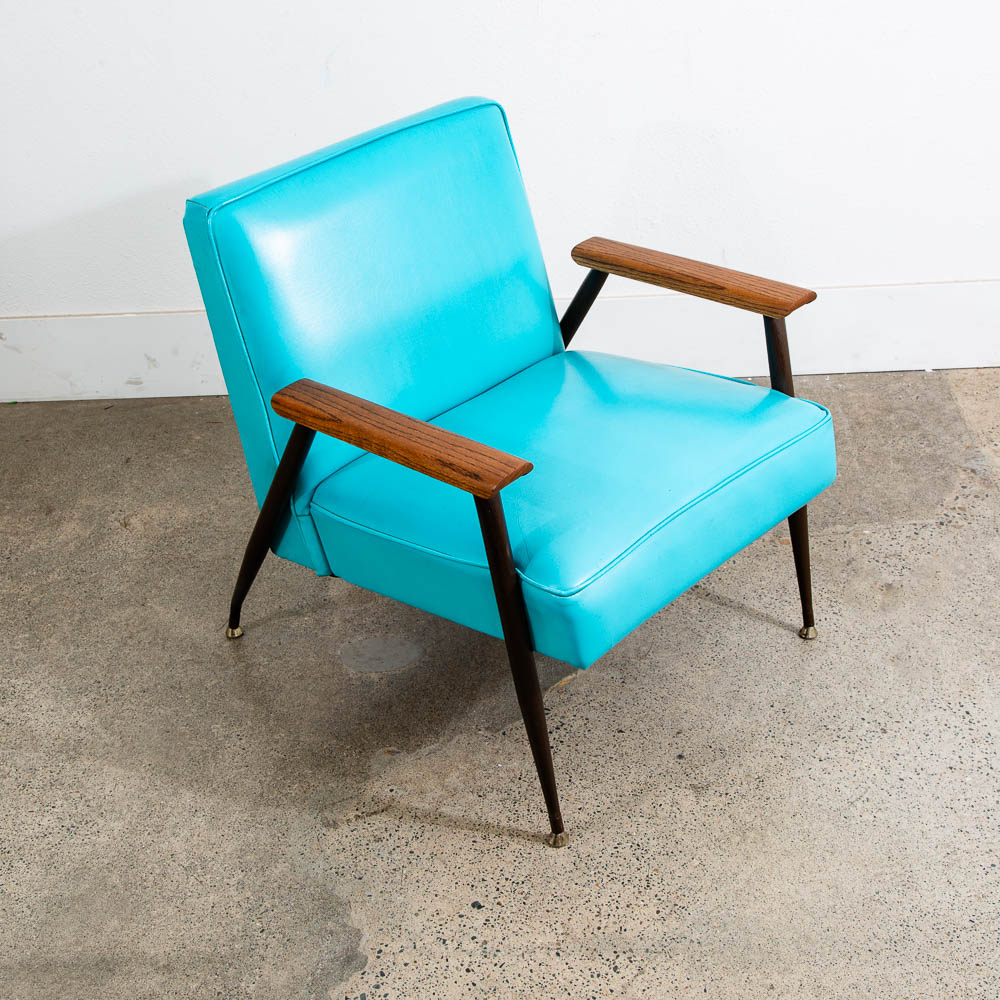 Mid Century Modern Lounge Chairs Pair Blue Aqua Oak Wood Vintage American Set NM - Image 10