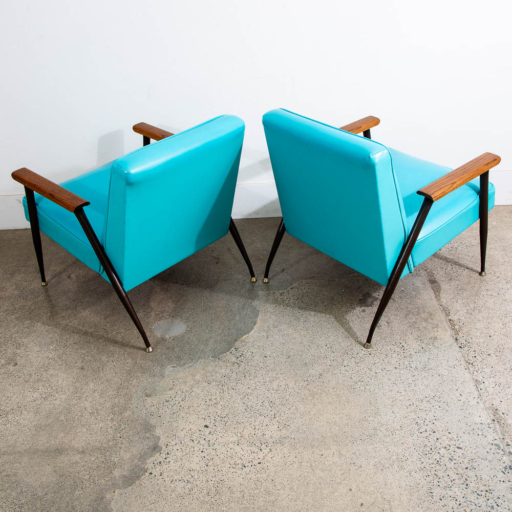 Mid Century Modern Lounge Chairs Pair Blue Aqua Oak Wood Vintage American Set NM - Image 3
