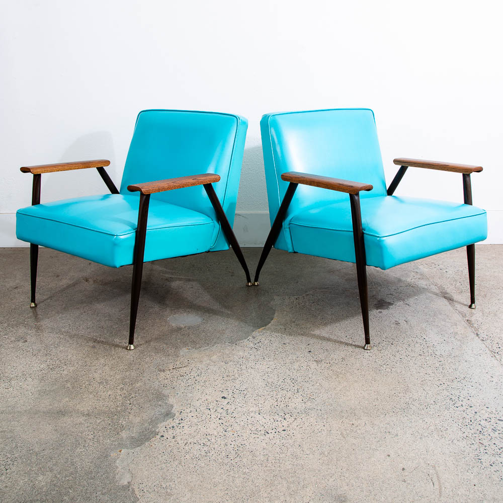 Mid Century Modern Lounge Chairs Pair Blue Aqua Oak Wood Vintage American Set NM - Image 4