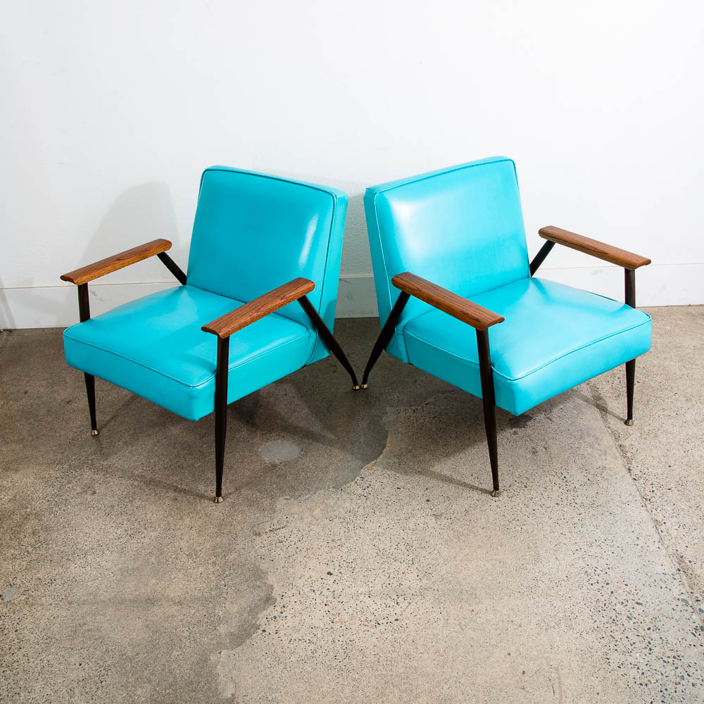 Mid Century Modern Lounge Chairs Pair Blue Aqua Oak Wood Vintage American Set NM