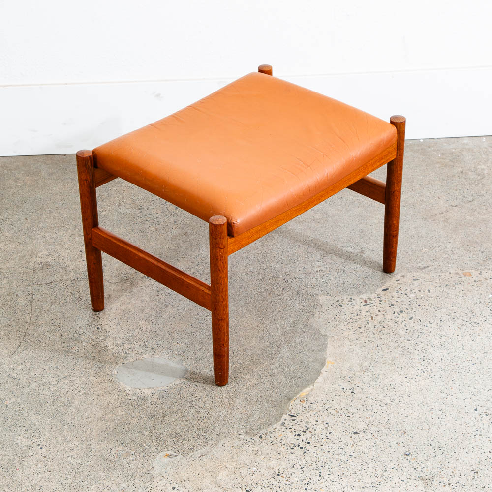 Mid Century Modern Spottrup Ottoman Stool Solid Teak Frame Orange Vinyl Vintage Mcm - Image 10