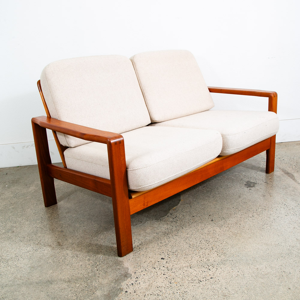 Mid Century Danish Modern Settee Sofa Denmark Solid Teak Wool Tweed Cream White