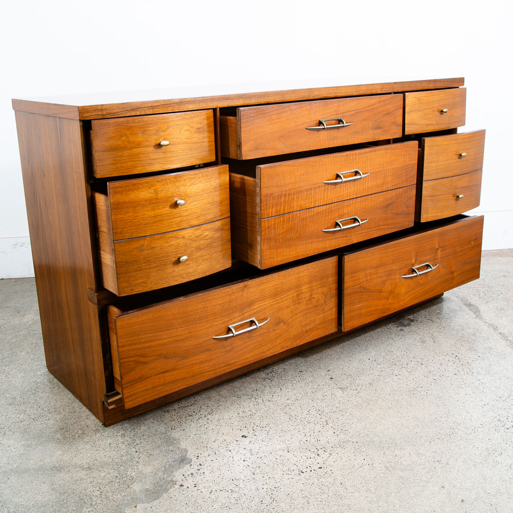 Mid Century Modern Credenza Dresser 8 Drawer Walnut Drew High Brass Trim Mcm - Image 5